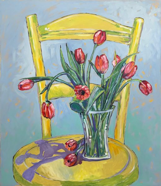 Tulips in a glass vase, still life flowers
