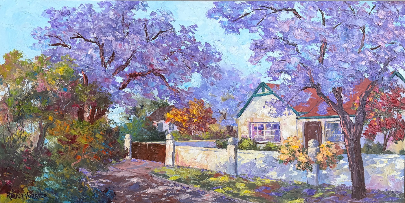 Jacarandas, house with gate by Riana Vorster