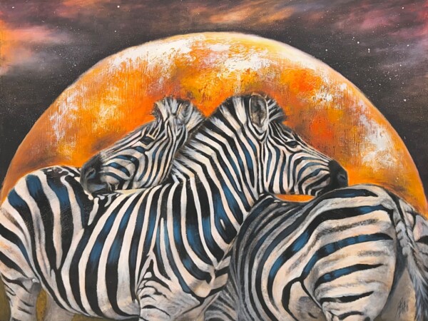 Zebras, moon background