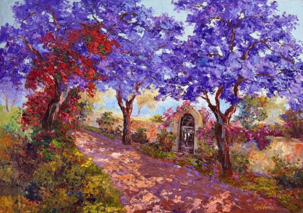 Jacarandas, wall with arch door