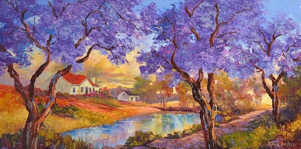 Jacarandas, pathway next to pond